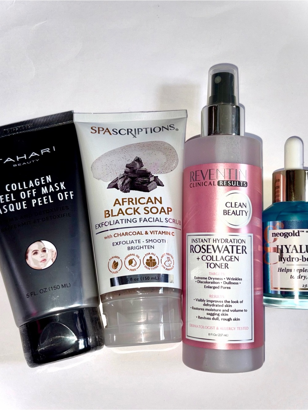 4 PC Skincare Set: African Black Soap Face Wash, Tahari Mask, Toner, Hyaluronic